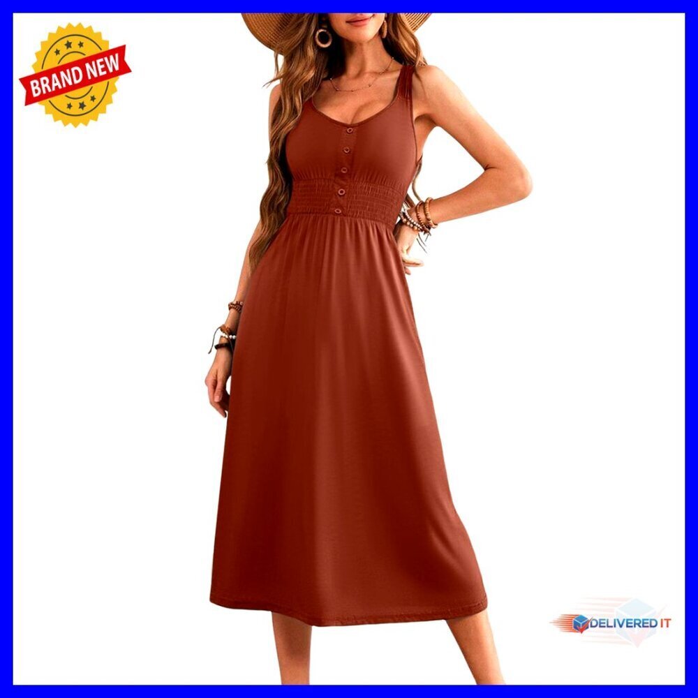 Sleeveless Smocked Waist A-Line Midi Dress Lightweight Knit Casual Sundress